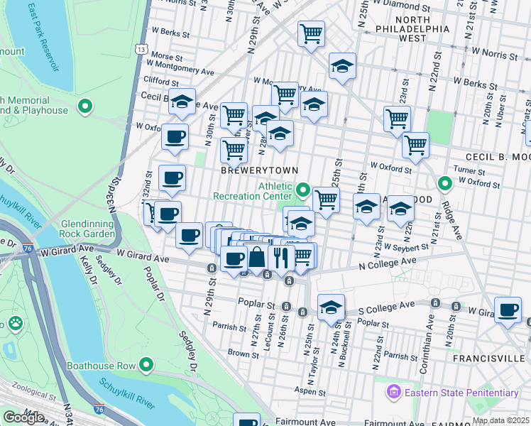 map of restaurants, bars, coffee shops, grocery stores, and more near 2718 Master Street in Philadelphia