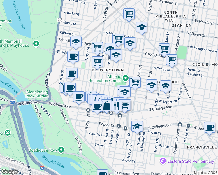 map of restaurants, bars, coffee shops, grocery stores, and more near 1322 North 27th Street in Philadelphia