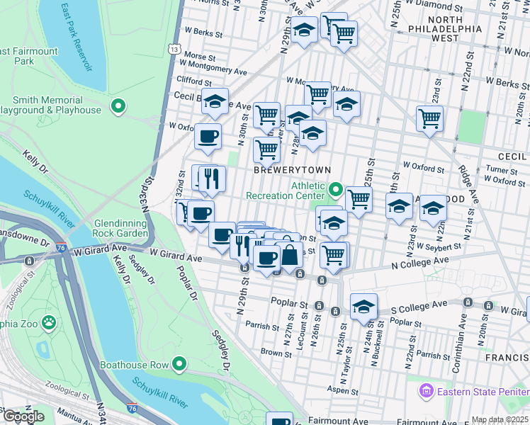 map of restaurants, bars, coffee shops, grocery stores, and more near 1340 North Dover Street in Philadelphia