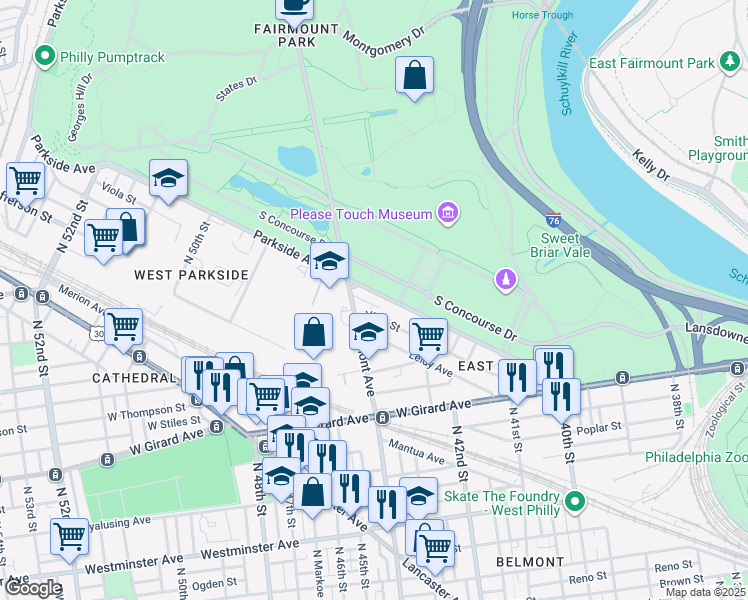 map of restaurants, bars, coffee shops, grocery stores, and more near 1515 Belmont Avenue in Philadelphia