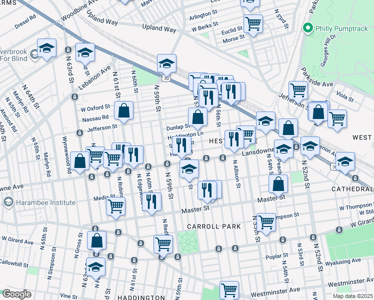 map of restaurants, bars, coffee shops, grocery stores, and more near 5745 Hunter Street in Philadelphia