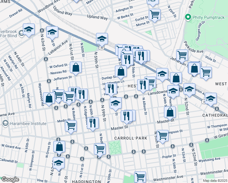 map of restaurants, bars, coffee shops, grocery stores, and more near 5747 Hunter Street in Philadelphia