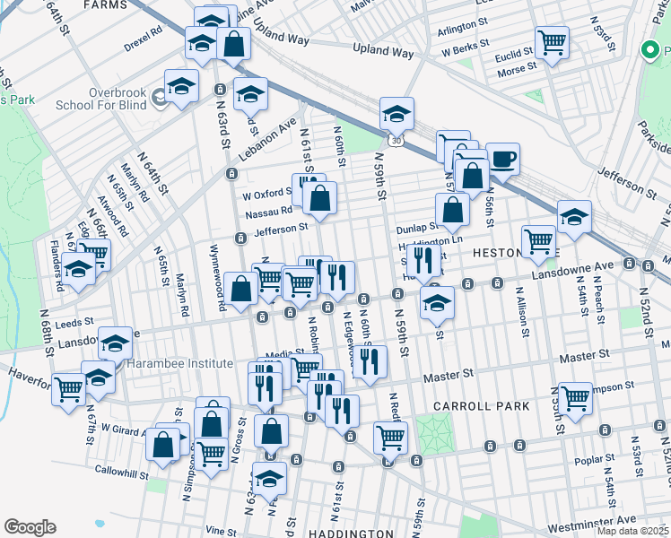 map of restaurants, bars, coffee shops, grocery stores, and more near 1660 North Edgewood Street in Philadelphia