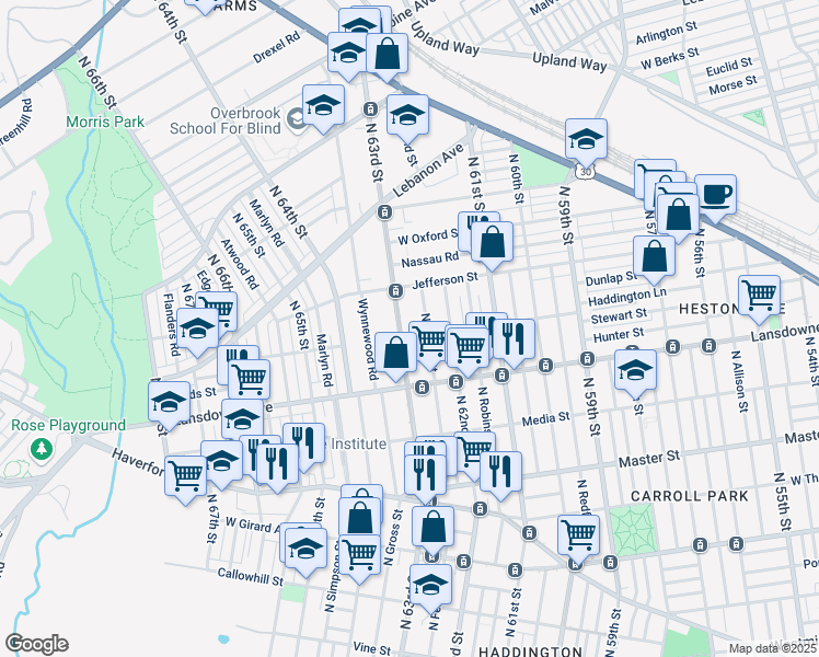 map of restaurants, bars, coffee shops, grocery stores, and more near 818 North 63rd Street in Philadelphia