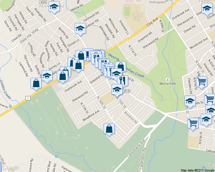 map of restaurants, bars, coffee shops, grocery stores, and more near 7512 Brentwood Road in Philadelphia