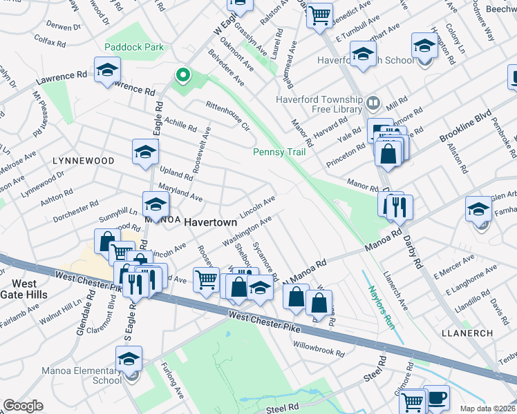 map of restaurants, bars, coffee shops, grocery stores, and more near 414 Washington Avenue in Havertown