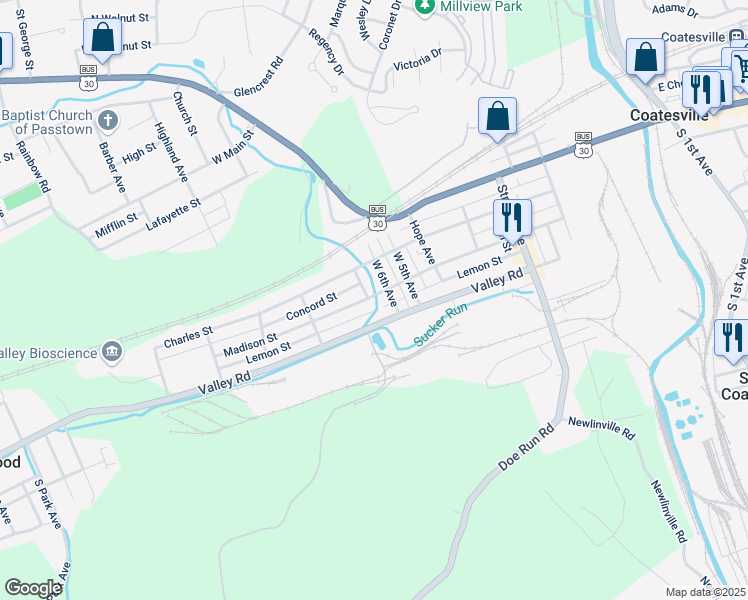 map of restaurants, bars, coffee shops, grocery stores, and more near 722 Lemon Street in Coatesville