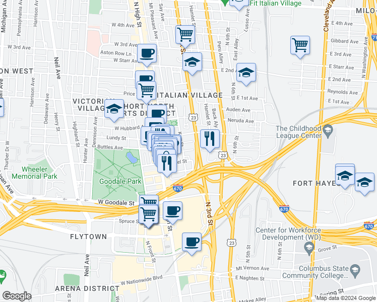 map of restaurants, bars, coffee shops, grocery stores, and more near 88 Brickel Street in Columbus