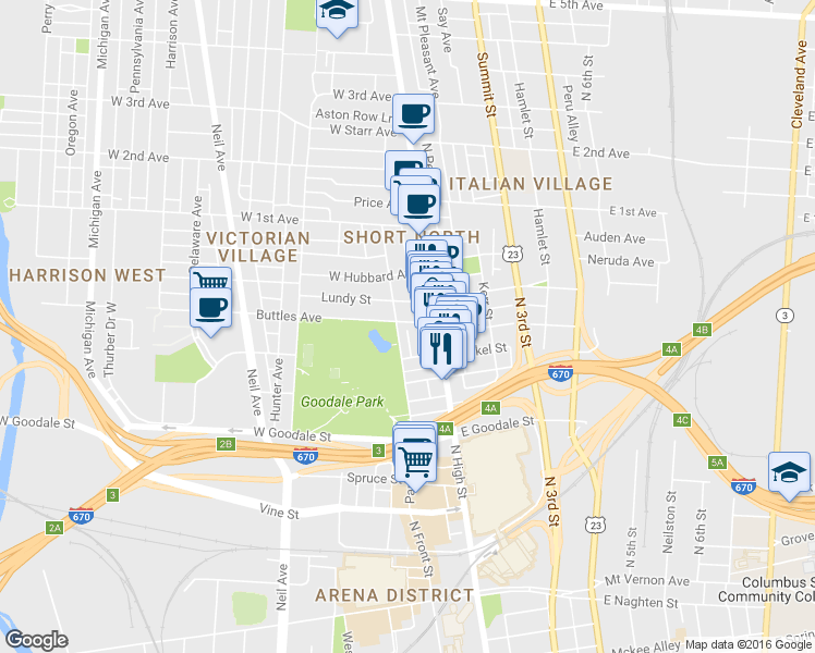 map of restaurants, bars, coffee shops, grocery stores, and more near in Columbus