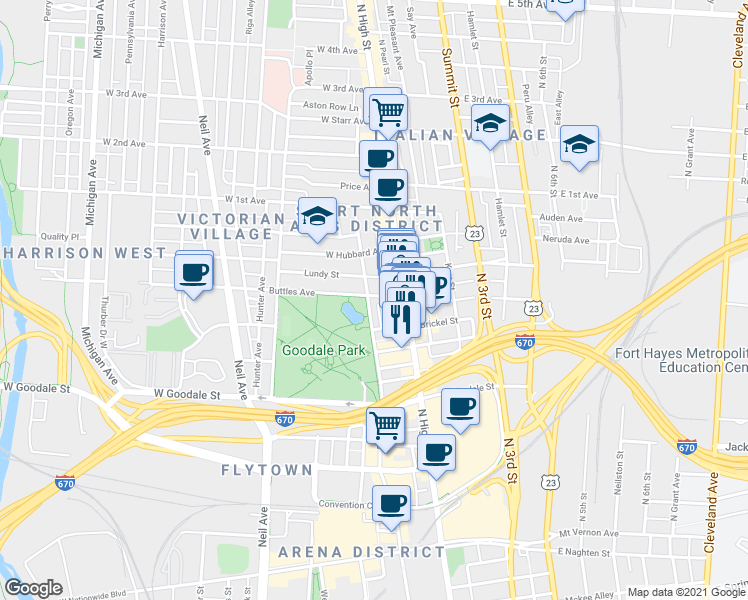 map of restaurants, bars, coffee shops, grocery stores, and more near 120 West Goodale Street in Columbus