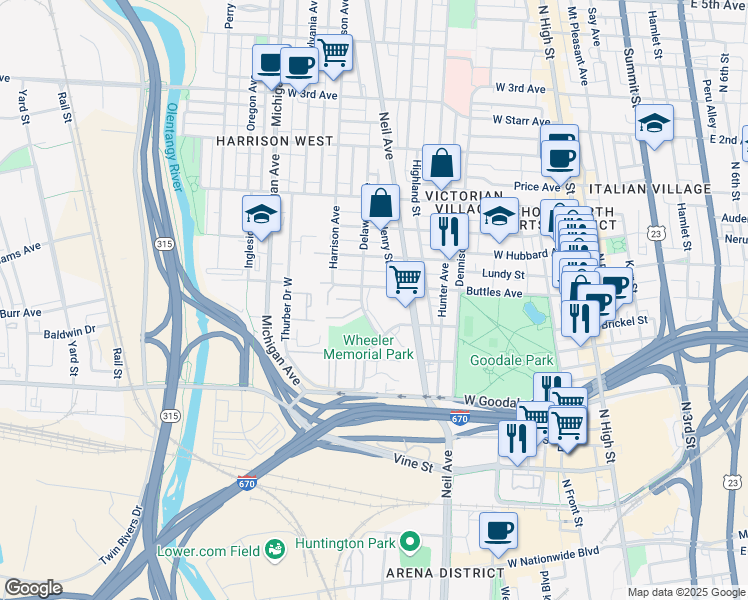 map of restaurants, bars, coffee shops, grocery stores, and more near 363 Alexandria Colony Street East in Columbus