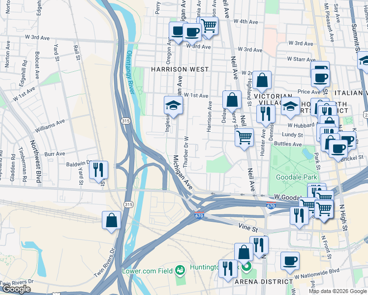 map of restaurants, bars, coffee shops, grocery stores, and more near 774 Thurber Drive West in Columbus