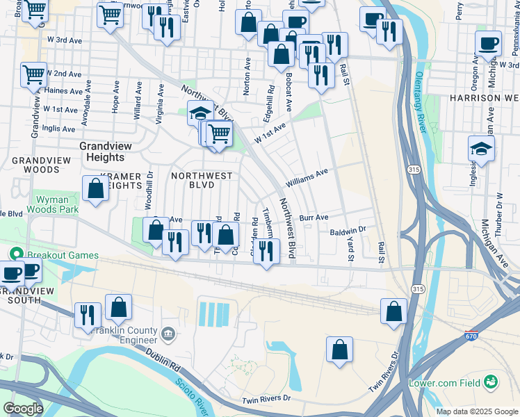 map of restaurants, bars, coffee shops, grocery stores, and more near 1012 Burr Avenue in Grandview Heights