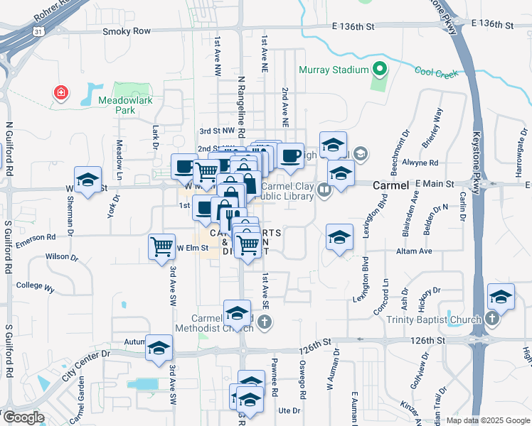 map of restaurants, bars, coffee shops, grocery stores, and more near 211 1st Avenue Northwest in Carmel