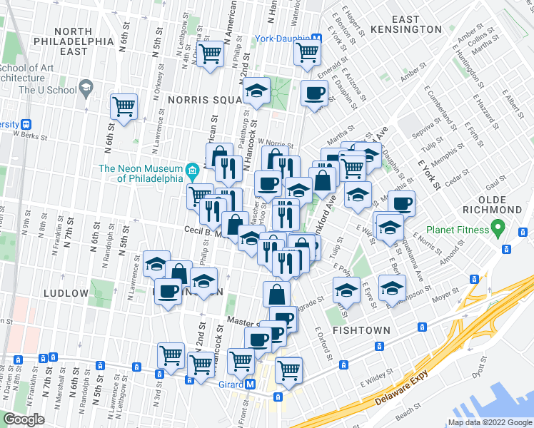 map of restaurants, bars, coffee shops, grocery stores, and more near 1762 North Howard Street in Philadelphia