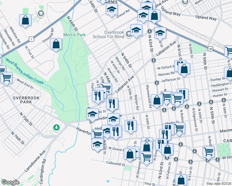 map of restaurants, bars, coffee shops, grocery stores, and more near 885 North 66th Street in Philadelphia
