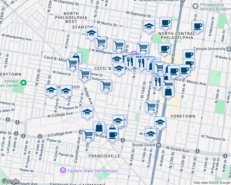 map of restaurants, bars, coffee shops, grocery stores, and more near 1511 North Gratz Street in Philadelphia