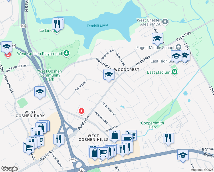 map of restaurants, bars, coffee shops, grocery stores, and more near 1127 Paoli Pike in West Chester