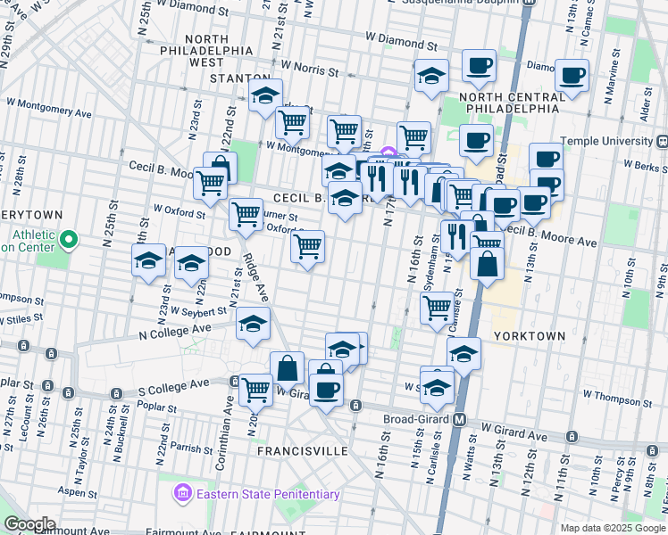 map of restaurants, bars, coffee shops, grocery stores, and more near 1511 North Gratz Street in Philadelphia
