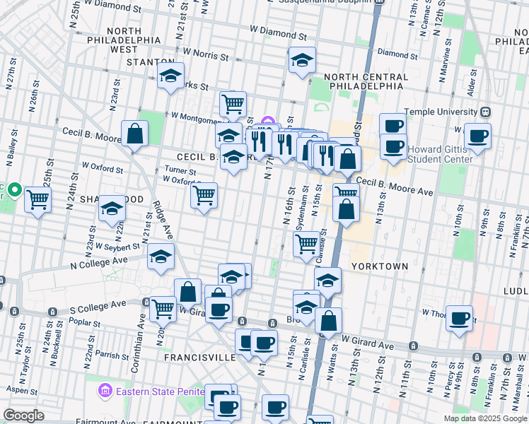 map of restaurants, bars, coffee shops, grocery stores, and more near 1519 North 17th Street in Philadelphia