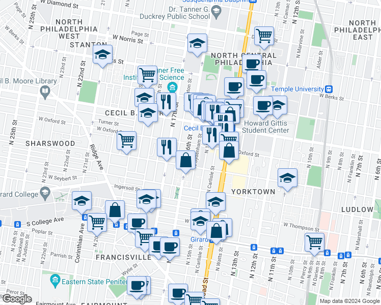 map of restaurants, bars, coffee shops, grocery stores, and more near 1525 North 16th Street in Philadelphia