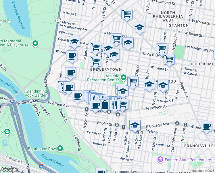 map of restaurants, bars, coffee shops, grocery stores, and more near 1322 North 27th Street in Philadelphia