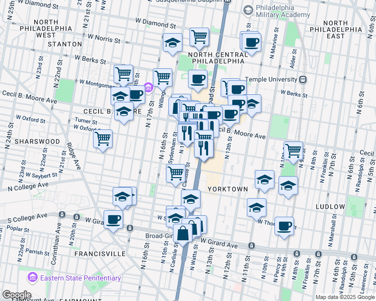 map of restaurants, bars, coffee shops, grocery stores, and more near 1534 North Carlisle Street in Philadelphia