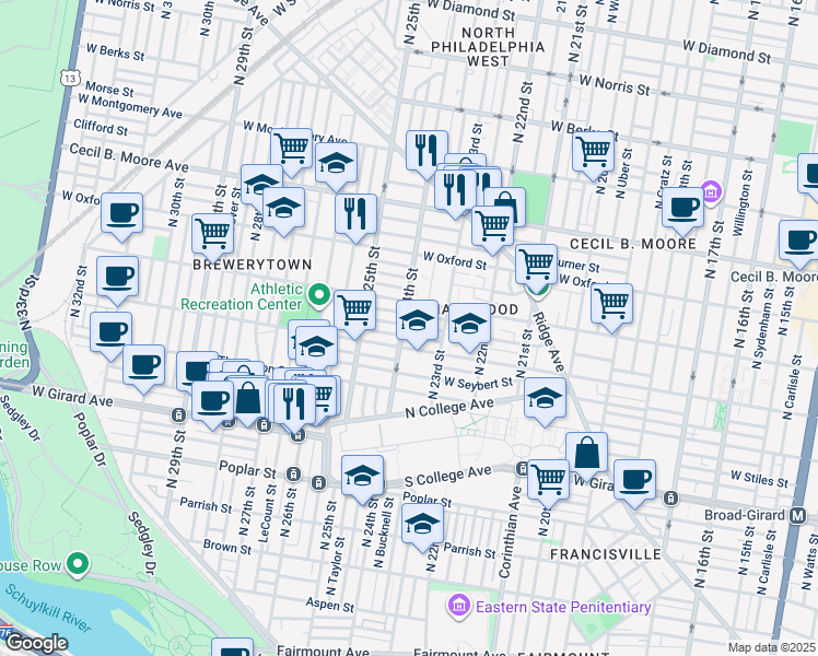 map of restaurants, bars, coffee shops, grocery stores, and more near 2342 Sharswood Street in Philadelphia