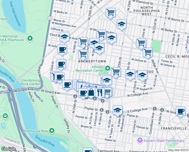 map of restaurants, bars, coffee shops, grocery stores, and more near 2718 Master Street in Philadelphia