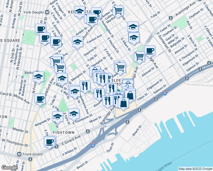map of restaurants, bars, coffee shops, grocery stores, and more near 2518 East Boston Street in Philadelphia