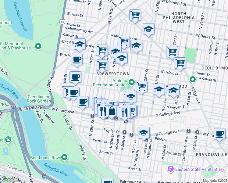 map of restaurants, bars, coffee shops, grocery stores, and more near 2726 Master Street in Philadelphia
