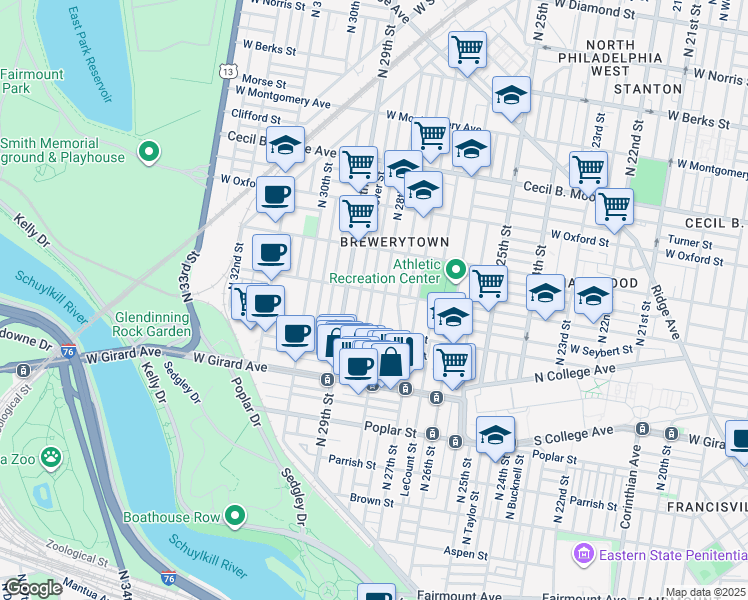 map of restaurants, bars, coffee shops, grocery stores, and more near 1345 North Newkirk Street in Philadelphia