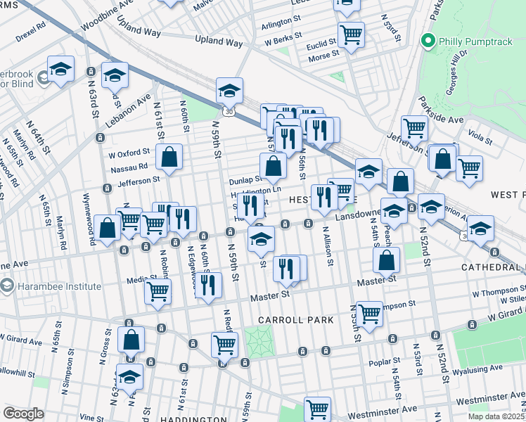 map of restaurants, bars, coffee shops, grocery stores, and more near 5735 Hunter Street in Philadelphia