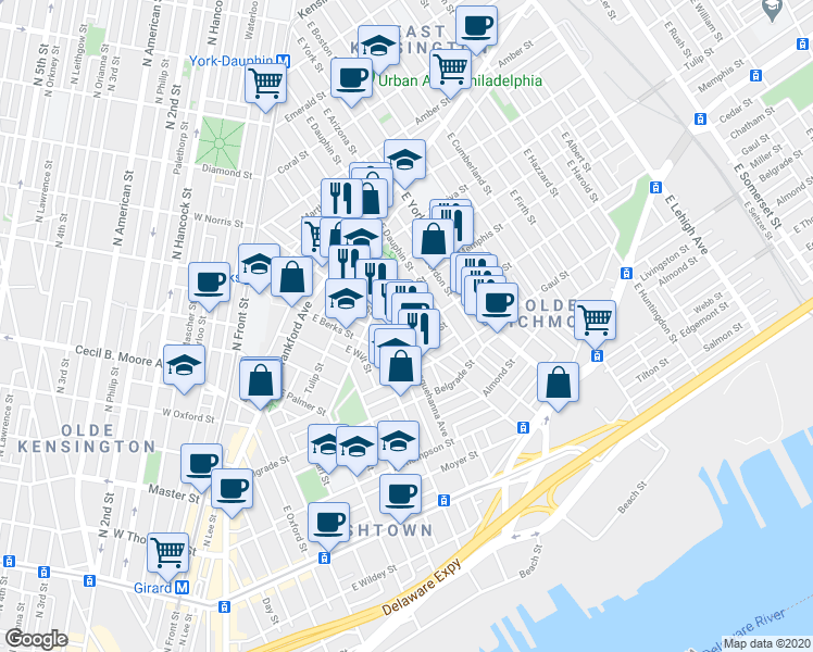 map of restaurants, bars, coffee shops, grocery stores, and more near 2355 East Susquehanna Avenue in Philadelphia