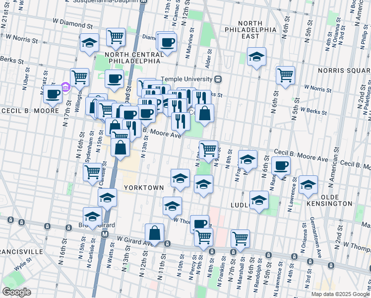 map of restaurants, bars, coffee shops, grocery stores, and more near 1617 North 11th Street in Philadelphia