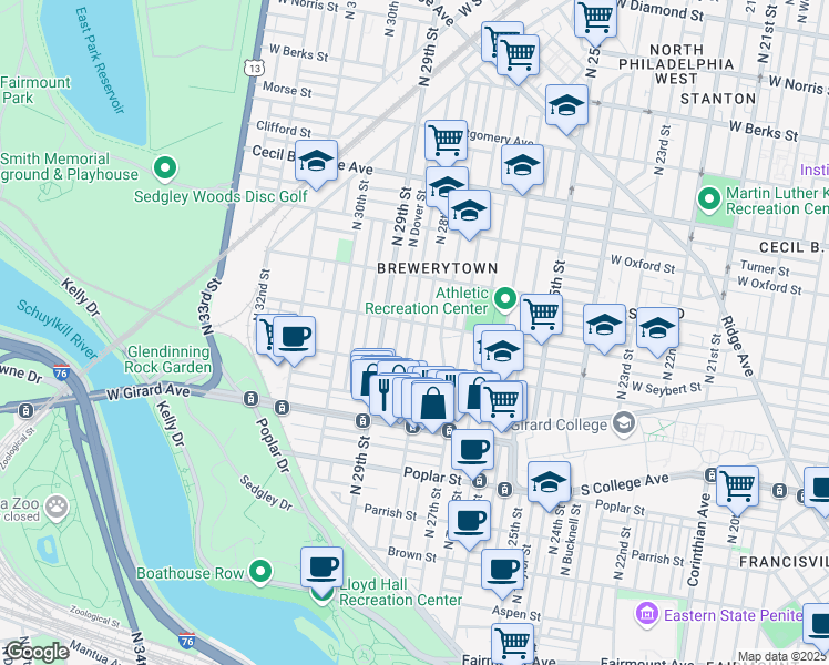map of restaurants, bars, coffee shops, grocery stores, and more near 1345 North Newkirk Street in Philadelphia
