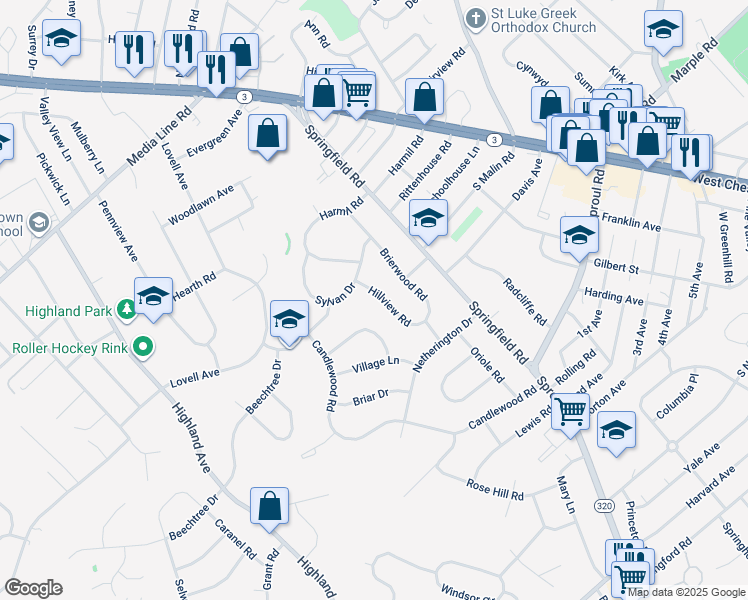 map of restaurants, bars, coffee shops, grocery stores, and more near 2736 Hillview Road in Broomall
