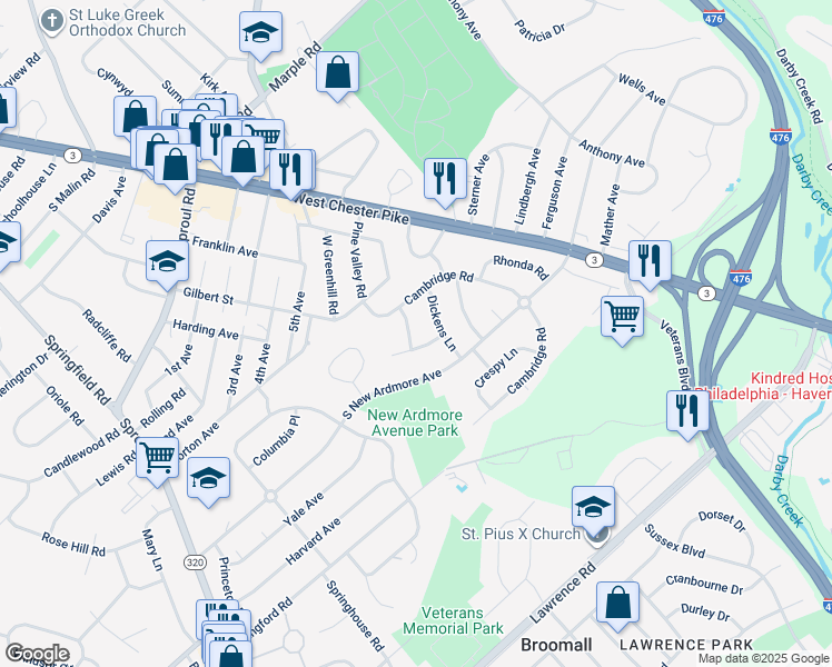 map of restaurants, bars, coffee shops, grocery stores, and more near 2209 Gilham Road in Broomall