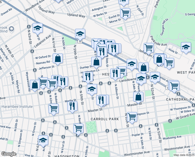 map of restaurants, bars, coffee shops, grocery stores, and more near 1624 North 57th Street in Philadelphia
