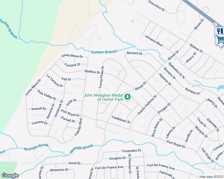 map of restaurants, bars, coffee shops, grocery stores, and more near 18 Morongo Court in Toms River