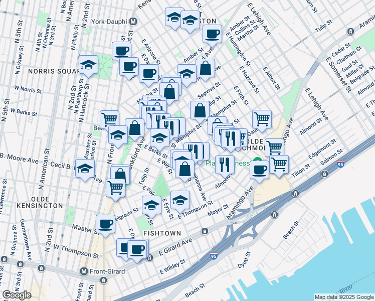 map of restaurants, bars, coffee shops, grocery stores, and more near 2355 East Susquehanna Avenue in Philadelphia