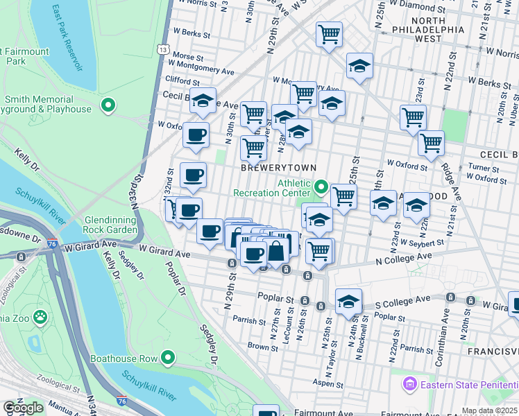 map of restaurants, bars, coffee shops, grocery stores, and more near 1346 North Newkirk Street in Philadelphia