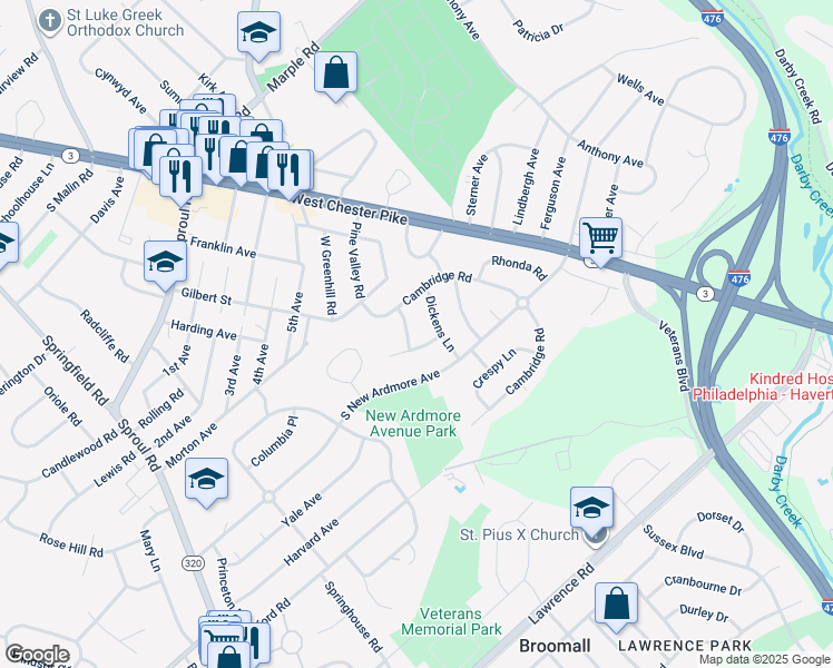 map of restaurants, bars, coffee shops, grocery stores, and more near 2209 Gilham Road in Broomall