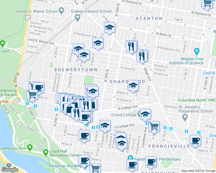 map of restaurants, bars, coffee shops, grocery stores, and more near 2441 Harlan Street in Philadelphia