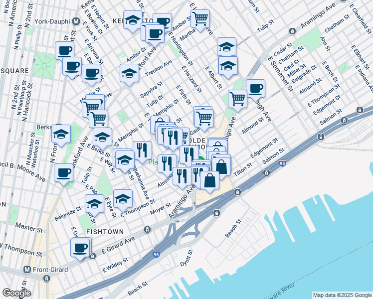 map of restaurants, bars, coffee shops, grocery stores, and more near 2533 East Boston Street in Philadelphia