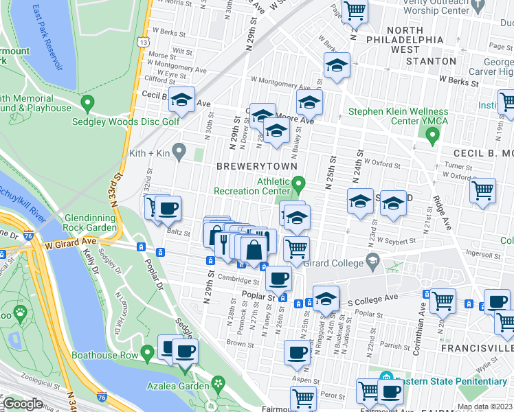 map of restaurants, bars, coffee shops, grocery stores, and more near 2726 Master Street in Philadelphia