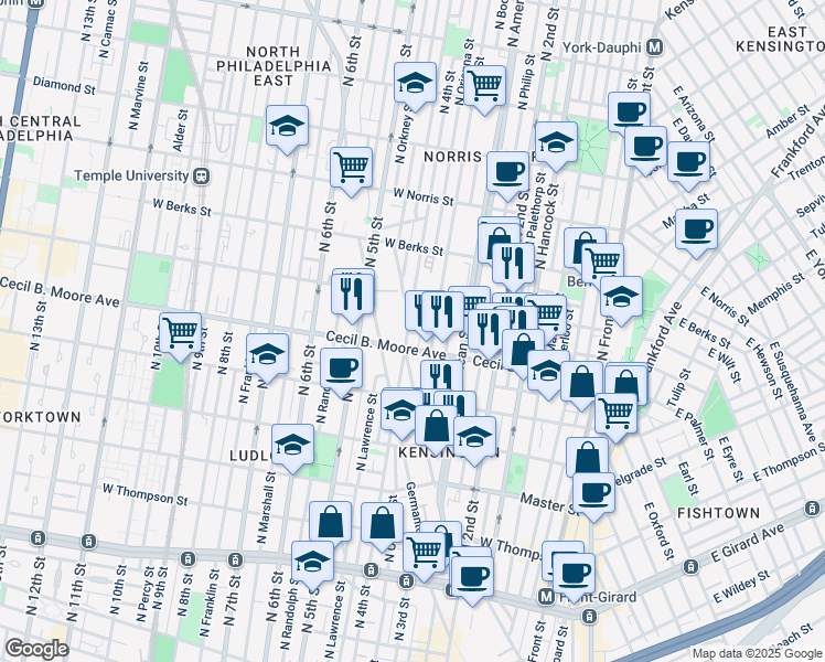 map of restaurants, bars, coffee shops, grocery stores, and more near 1723 North 4th Street in Philadelphia