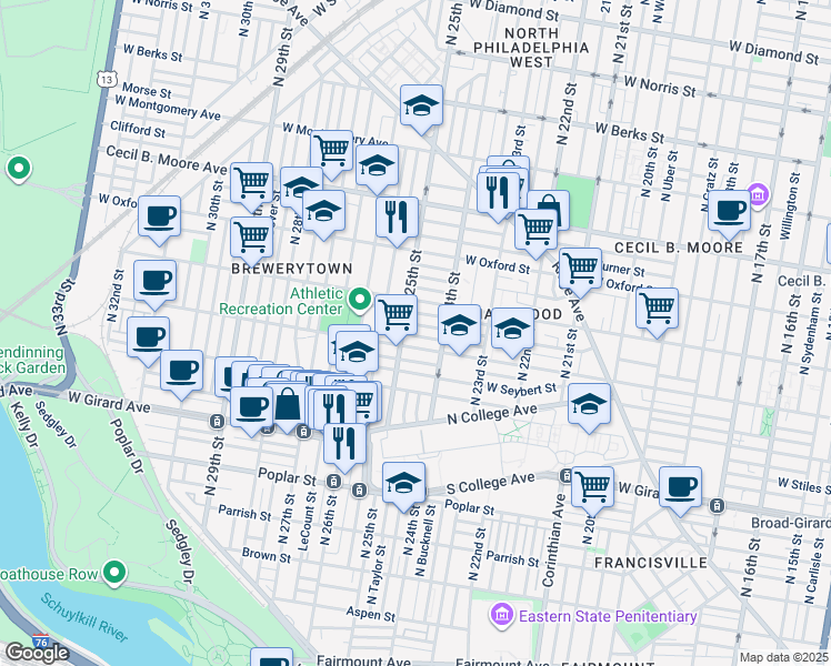 map of restaurants, bars, coffee shops, grocery stores, and more near 2441 Harlan Street in Philadelphia