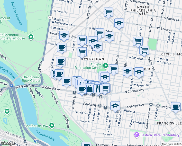 map of restaurants, bars, coffee shops, grocery stores, and more near 2740 W Master St in Philadelphia