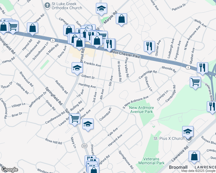 map of restaurants, bars, coffee shops, grocery stores, and more near 123 Morton Avenue in Broomall